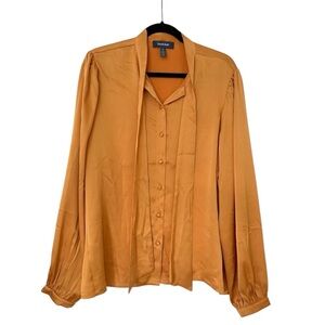 Modcloth Button Down Tie Neck Satin Blouse Womens XL Golden Yellow